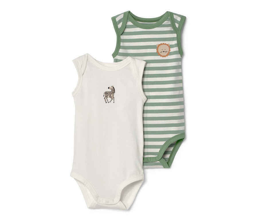 Deux bodys pour bébé avec fonction évolutive : Un body blanc avec un imprimé zèbre et un body vert rayé avec une tête de lion.