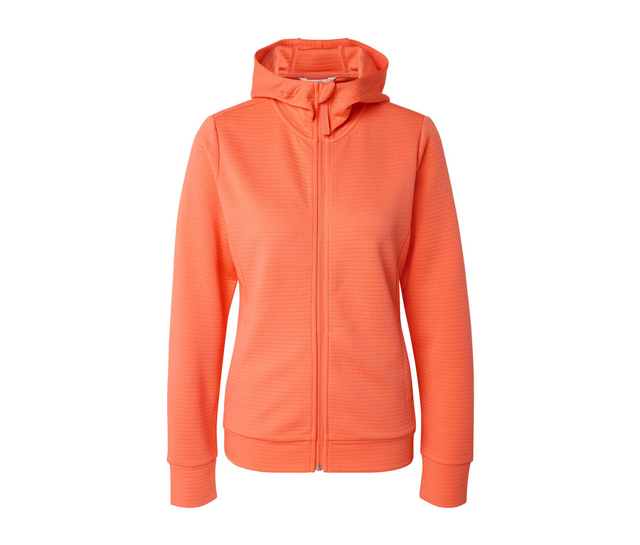 Veste fonctionnelle orange avec capuche et fermeture éclair.