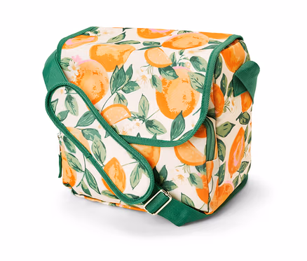 Mini-sac isotherme à motif d'agrumes avec des bordures vertes.
