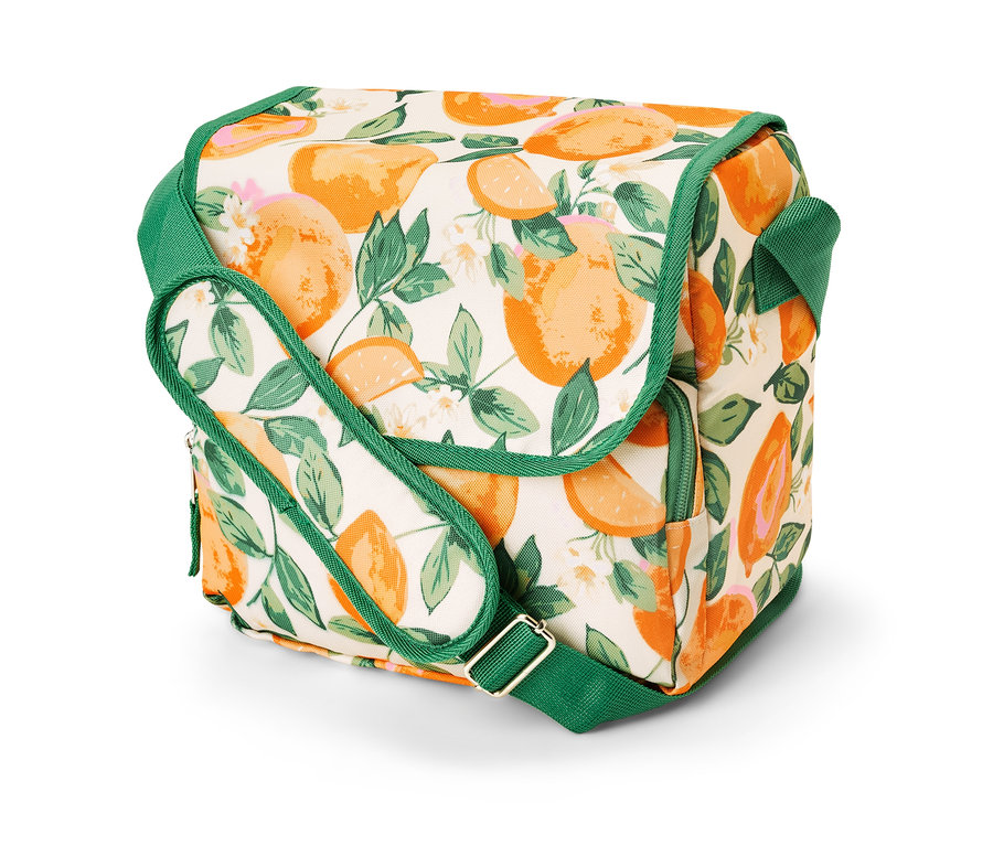 Mini-sac isotherme à motif d'agrumes avec des bordures vertes.