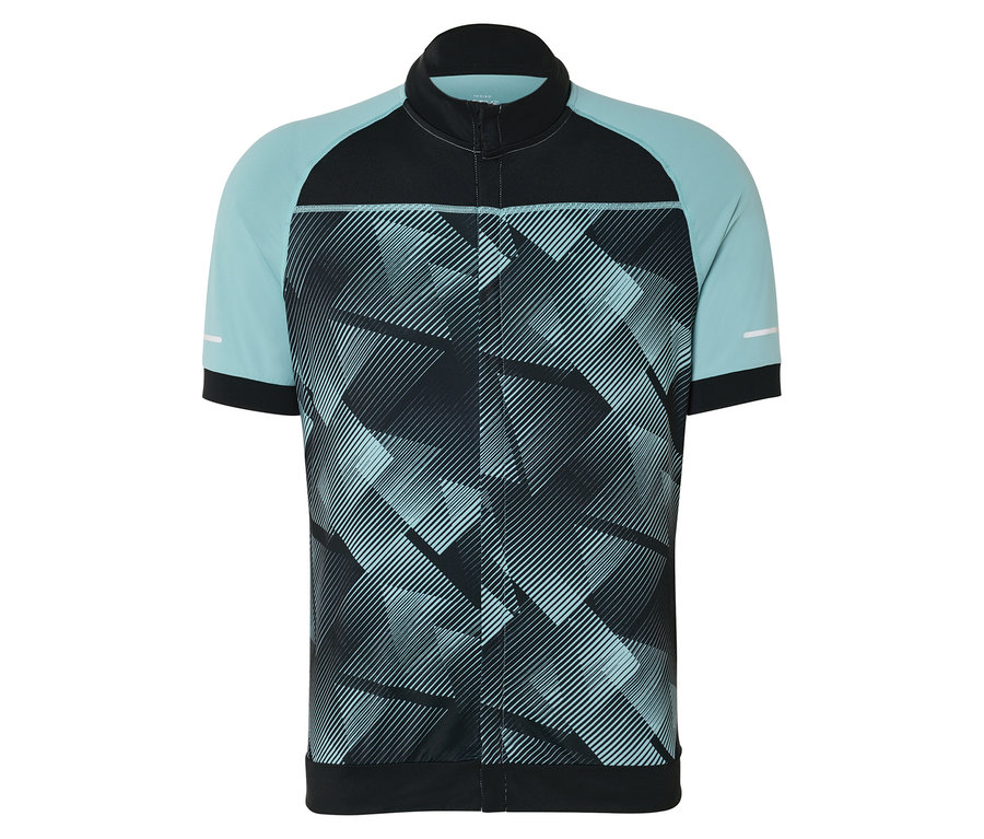 Maillot de cyclisme avec motif géométrique en noir et turquoise.