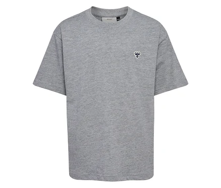 T-shirt ample hummel® HMLJR bleu à manches courtes gris avec un petit logo sur la poitrine.