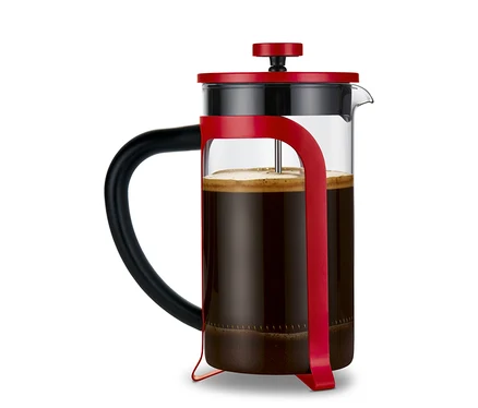 Une cafetière à piston rouge de 800 ml, 6 tasses, sur un fond blanc.
