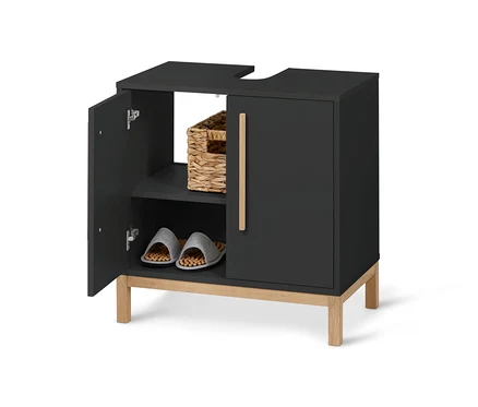 Meuble sous-vasque anthracite »Eklund« avec porte ouverte, panier et chaussons à l'intérieur.