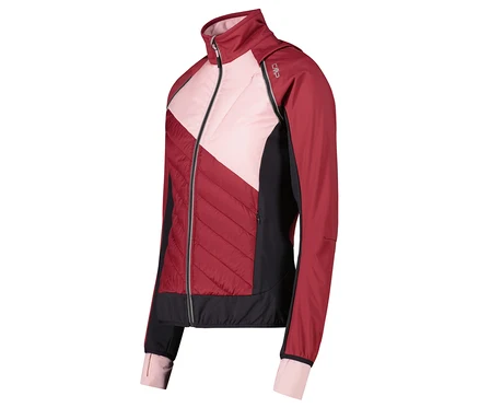 Veste bordeaux avec des empiècements roses et noirs.