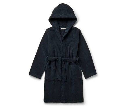 Peignoir bleu marine avec capuche, ceinture et poches.