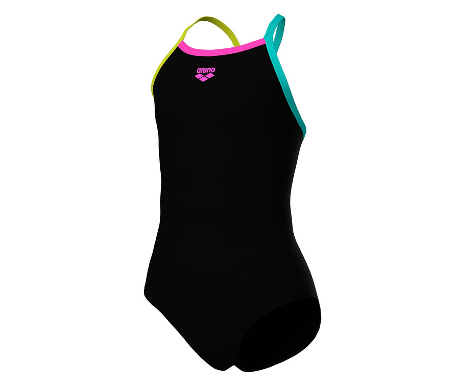 Maillot de bain arena Feel Light Drop Back Solid pour enfant, noir avec bretelles colorées.