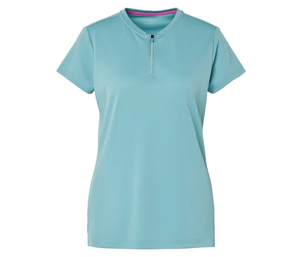 T-shirt bleu clair à manches courtes avec une courte fermeture éclair.