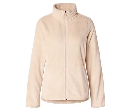Veste en polaire beige avec fermeture éclair intégrale et col montant.