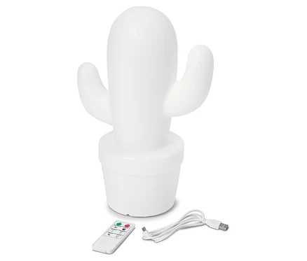 Une lampe cactus blanche est posée sur une surface blanche avec une télécommande et un câble USB.