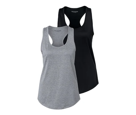 Deux tops de sport, un noir et un gris.