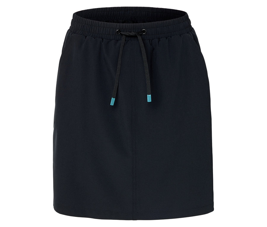 Une jupe noire avec un cordon de serrage et des accents turquoise.