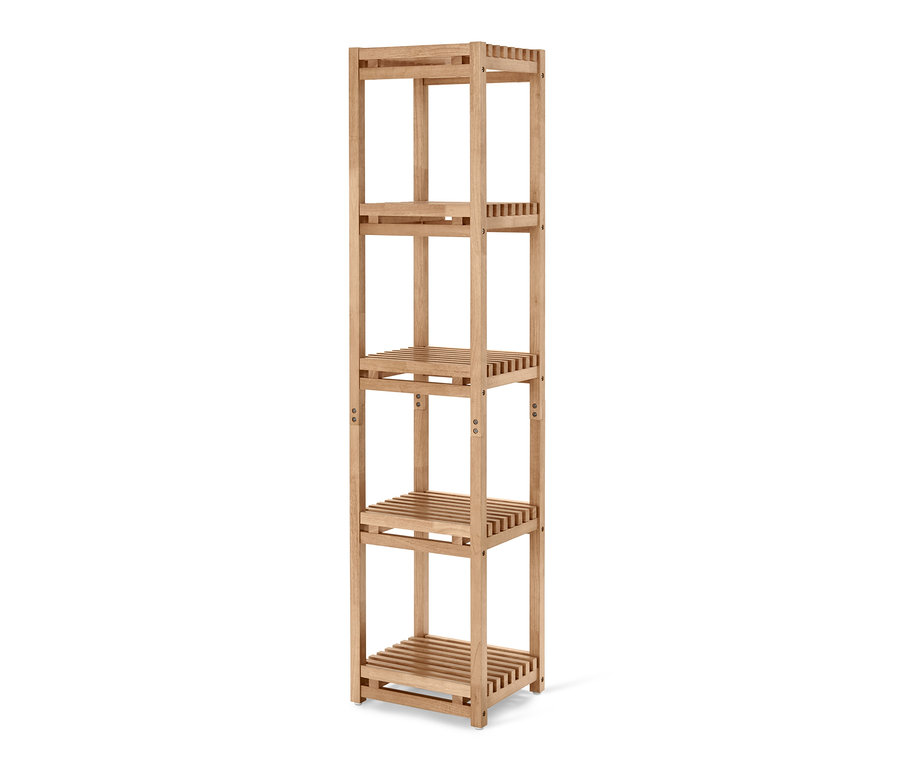 Étagère étroite en bois clair avec quatre tablettes.
