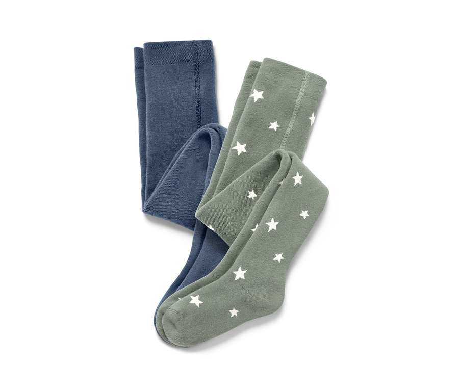 Deux collants thermiques pour enfant, bleu et vert, posés sur un fond blanc.