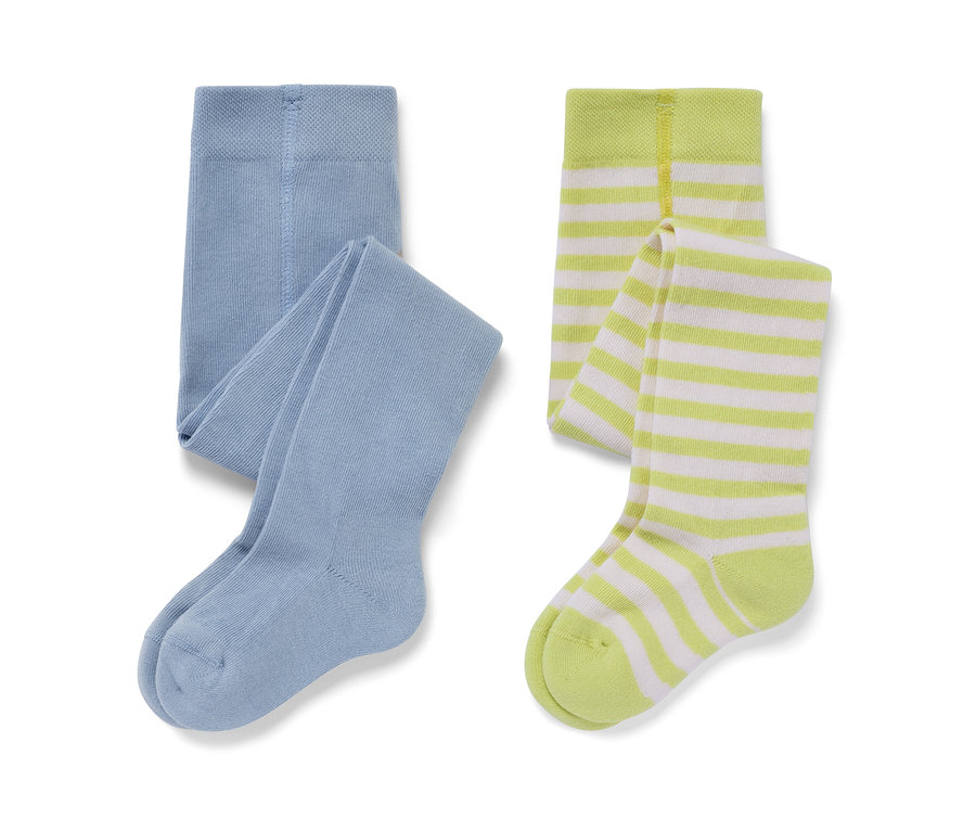 Deux collants pour bébé et tout-petit : un bleu clair et un rayé jaune et blanc.