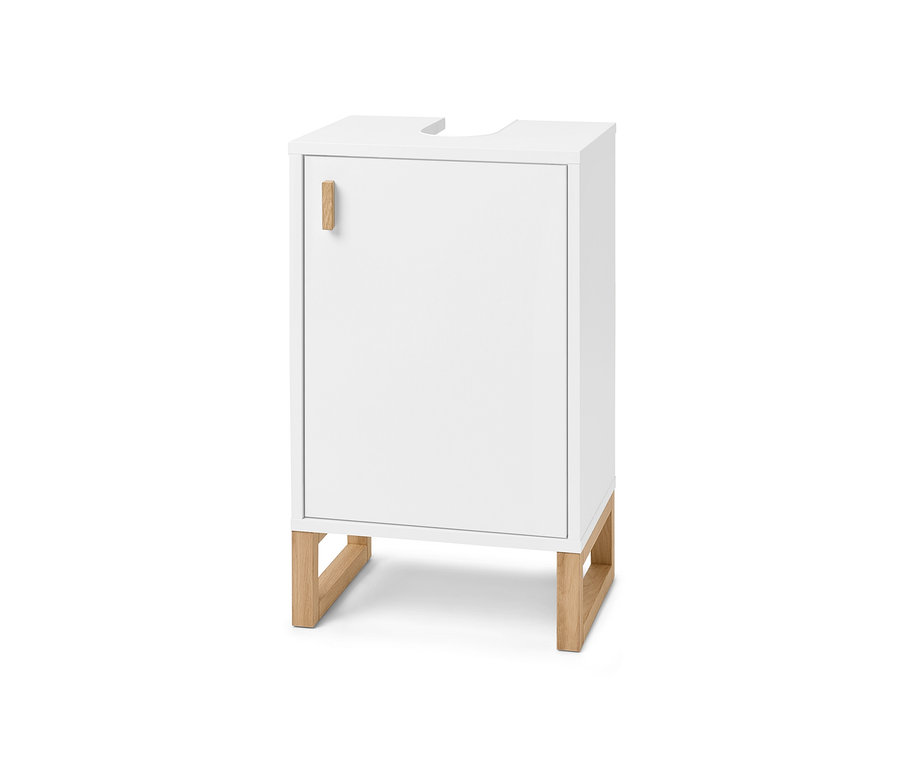 Petite armoire blanche sous lavabo avec porte, poignée et pieds en bois.