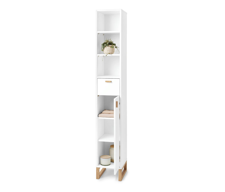 Armoire de salle de bain haute et étroite, blanche, avec espace ouvert, plante, tiroir et porte ouverte.