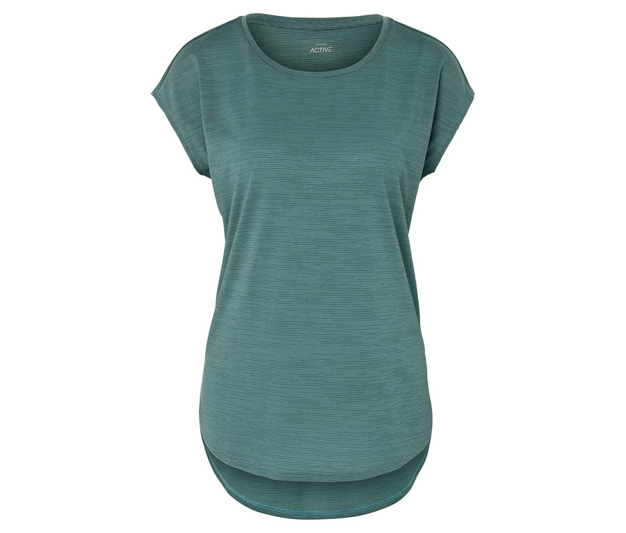 T-shirt de sport turquoise à manches courtes et ourlet arrondi.