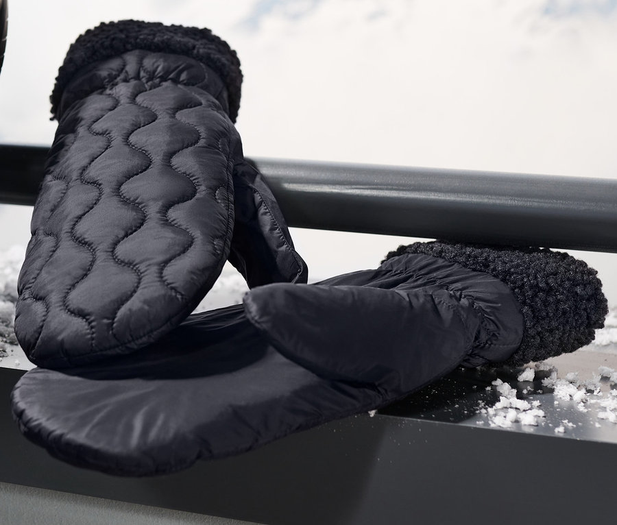 Moufles matelassées noires et skis appuyés contre une balustrade avec des montagnes en arrière-plan.