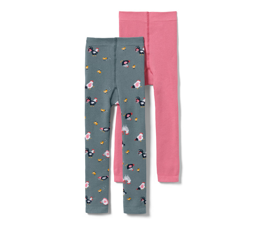 Deux leggings thermiques pour enfant : un gris avec motif de poulet, un rose.