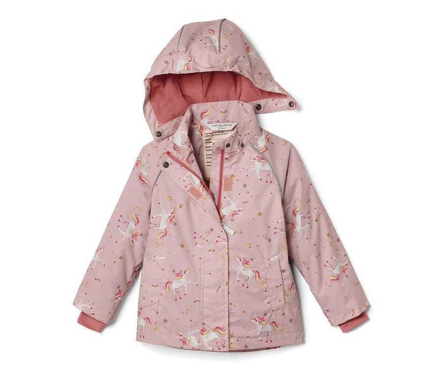Veste de pluie thermique rose pour enfant avec motif licornes et étoiles.