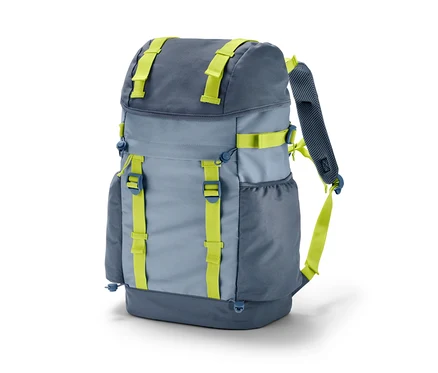 Un sac à dos d’extérieur gris-bleu avec des sangles vert lime.