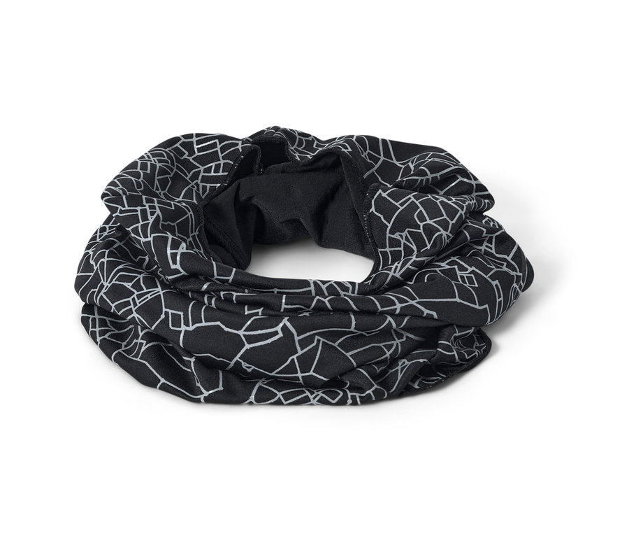 Un foulard multifonction noir avec un motif géométrique réfléchissant sur fond blanc.