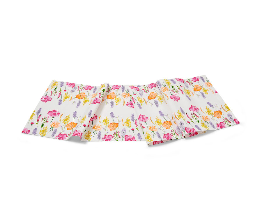 Chemin de table, blanc avec imprimé floral.