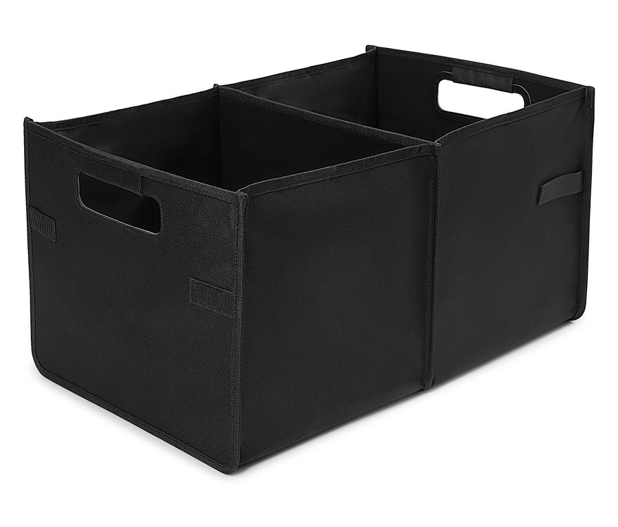 Organisateur en tissu noir avec deux compartiments et poignées.