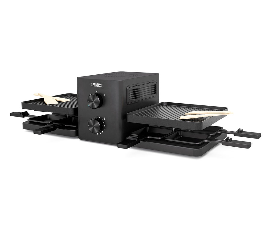 Raclette noire avec tirette et huit petits poêlons.