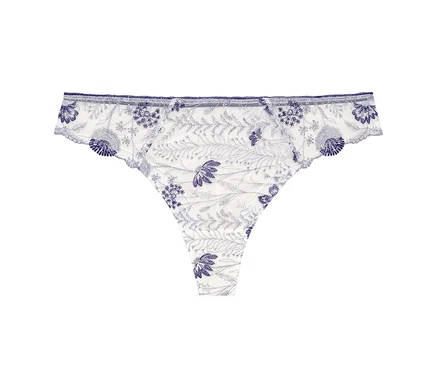 Tanga blanc « Chloe » Passionata avec broderie florale bleue.