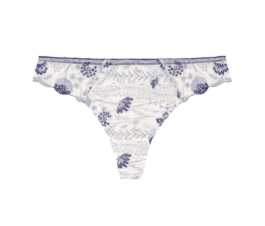 Tanga blanc « Chloe » Passionata avec broderie florale bleue.