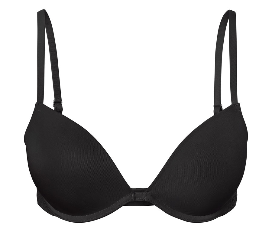 Soutien-gorge noir sur fond blanc.