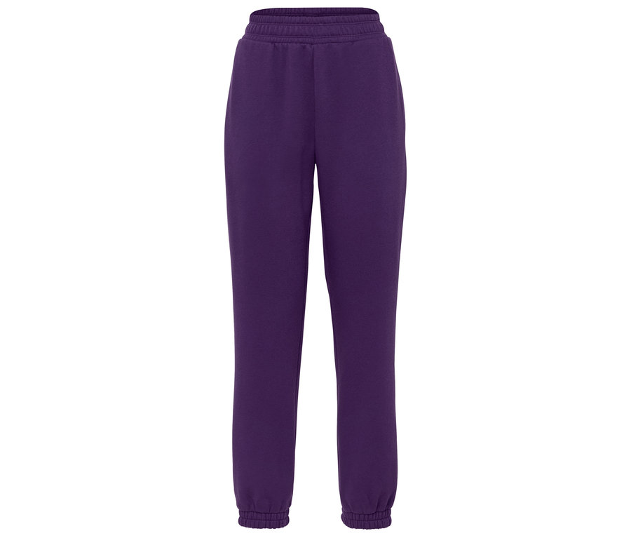 Pantalon de survêtement violet avec taille et chevilles élastiquées.