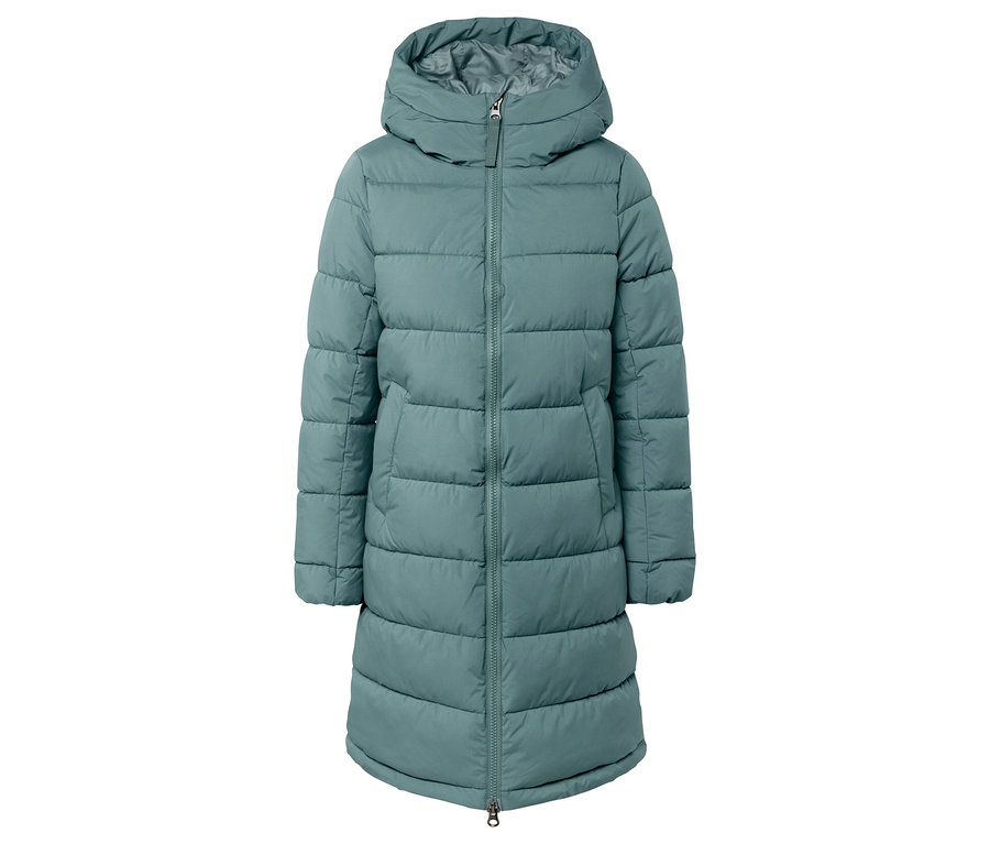 Doudoune turquoise matelassée à capuche.