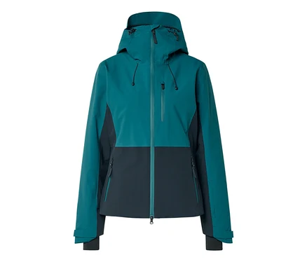 Une veste d'extérieur bicolore, turquoise en haut et gris foncé en bas, avec capuche, fermeture éclair et poches zippées.