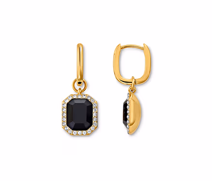 Deux boucles d'oreilles Créoles Royal Black dorées avec pierre noire et cristaux transparents.