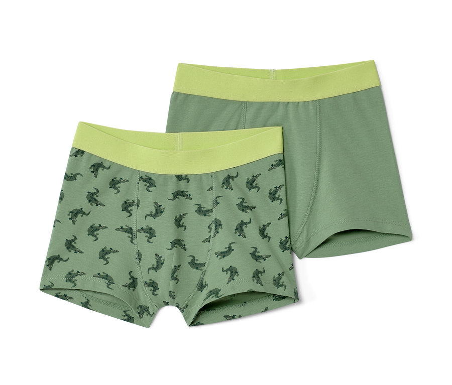 Deux boxers pour enfant, un vert clair avec un motif de crocodile, l'autre vert clair.