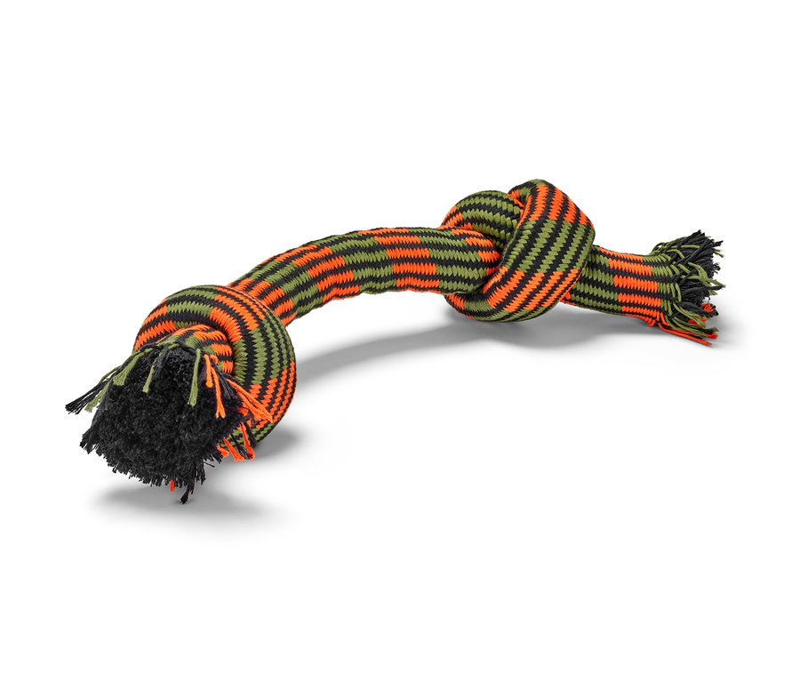 Un jouet pour chien « Corde » avec des nœuds et des franges orange, olive et noires.