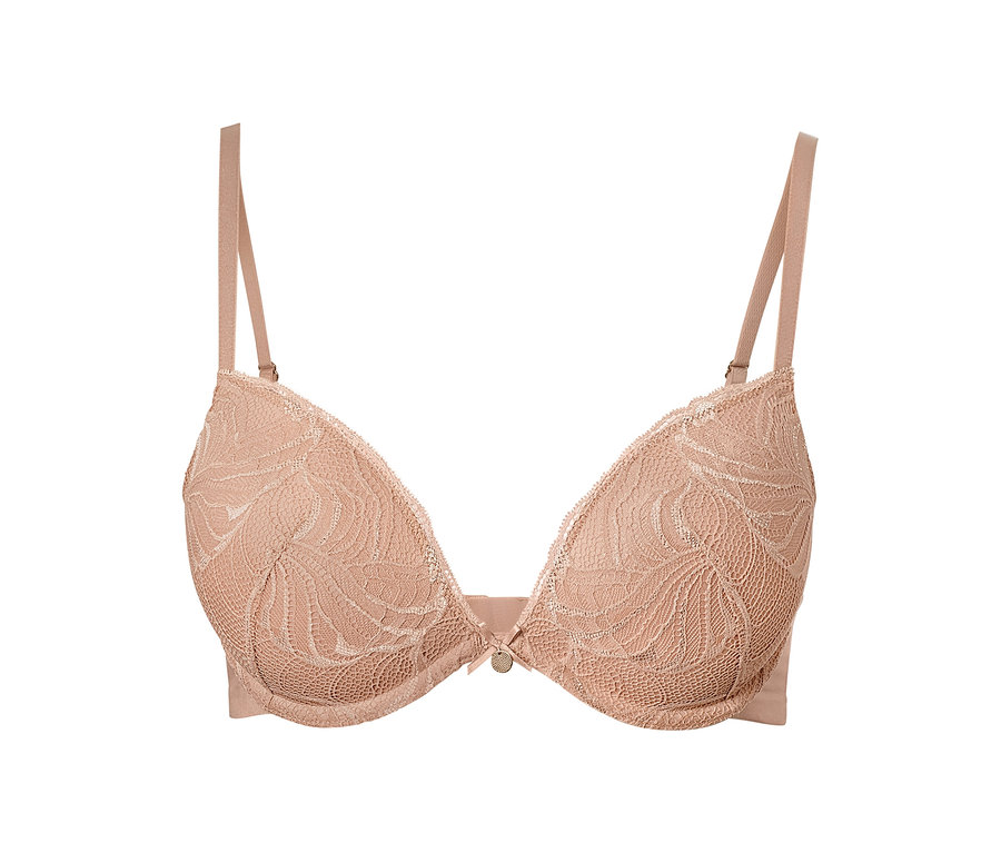 Détail d'un soutien-gorge push-up beige avec de la dentelle florale.