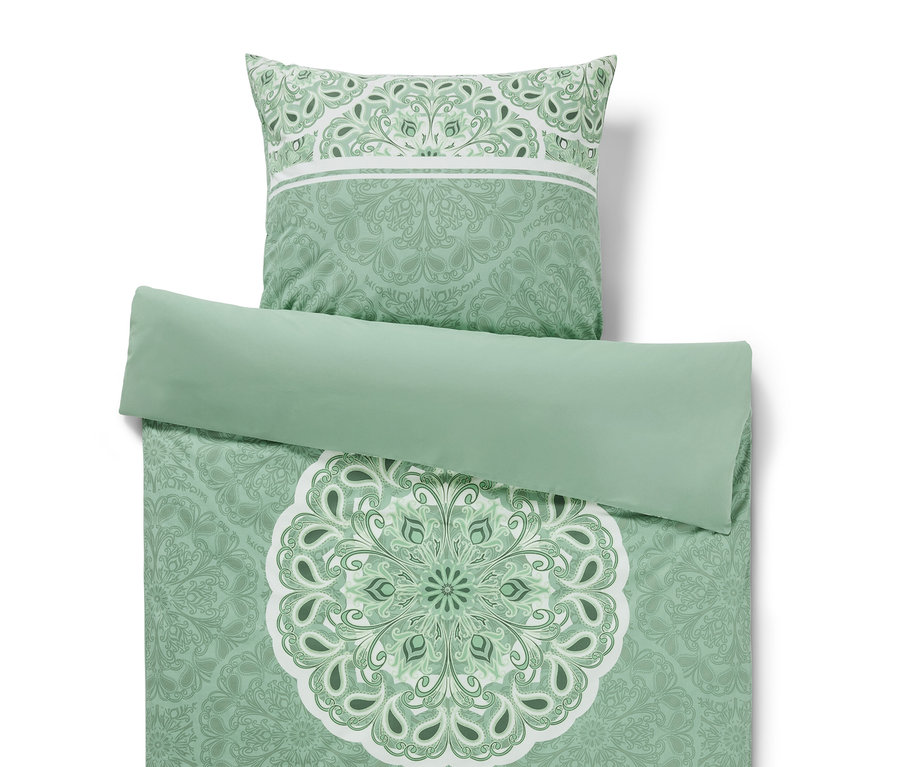 Parure de lit renforcée verte à motif mandala en tailles double, standard et grande.