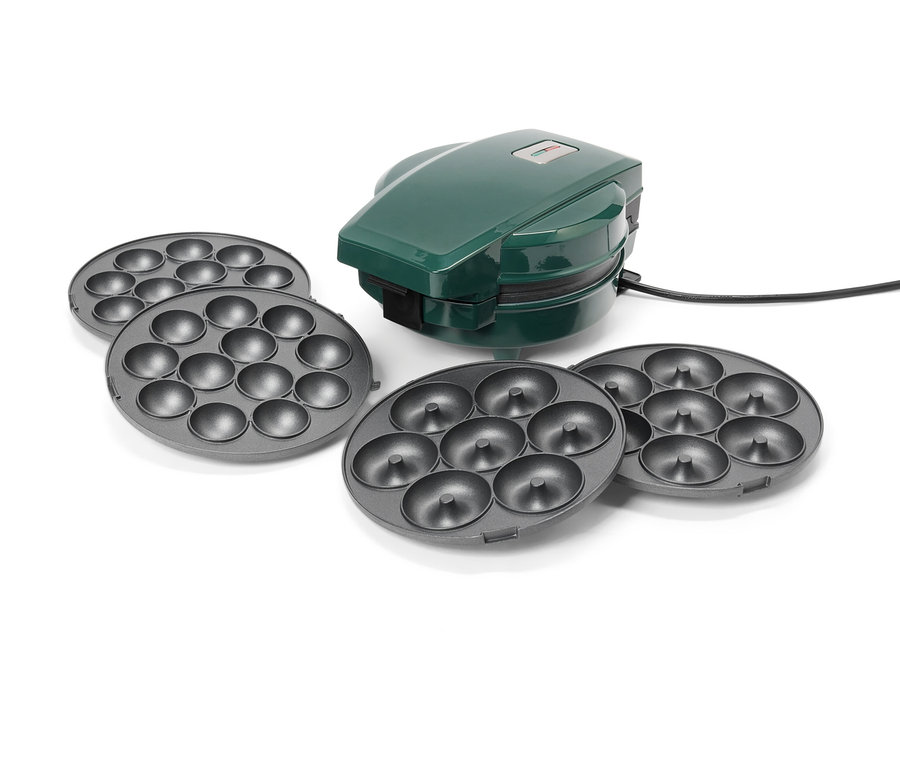 Un beignetier vert avec quatre plaques à beignets interchangeables grises sur fond blanc.