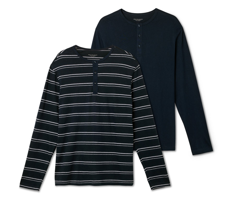 Deux t-shirts à manches longues pour hommes. L'un est bleu foncé avec des rayures blanches, l'autre est bleu foncé uni.