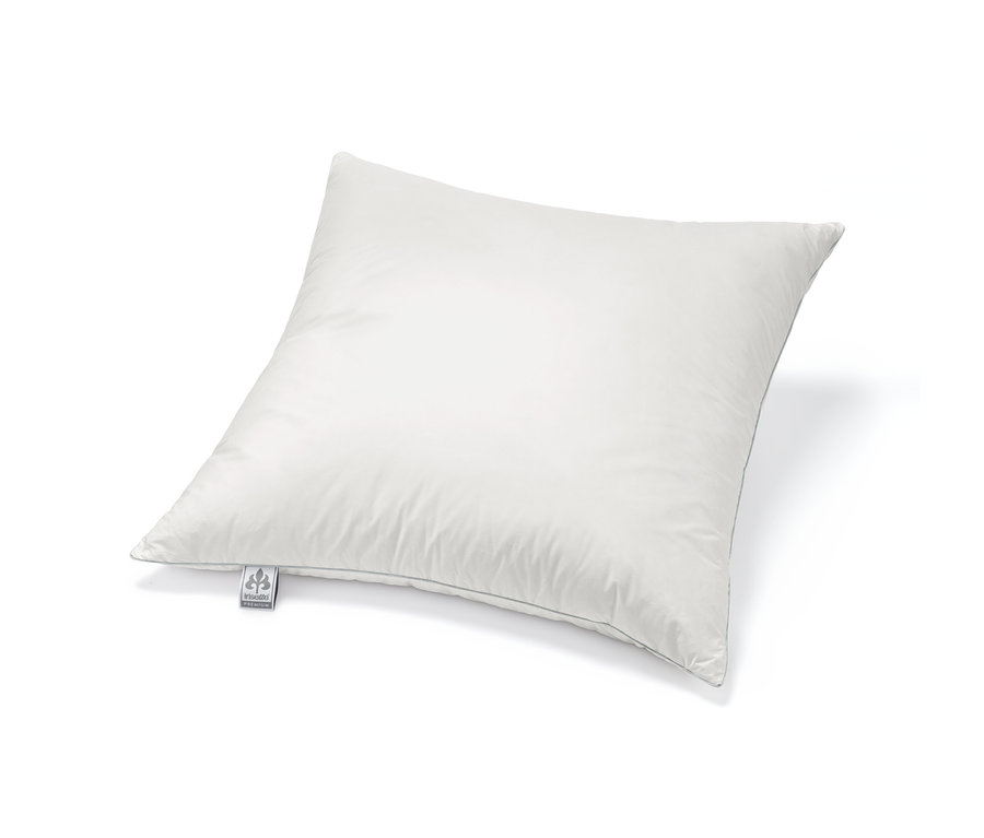 Un oreiller blanc en plumes et duvet d'oie irisette® Premium posé sur un fond blanc.