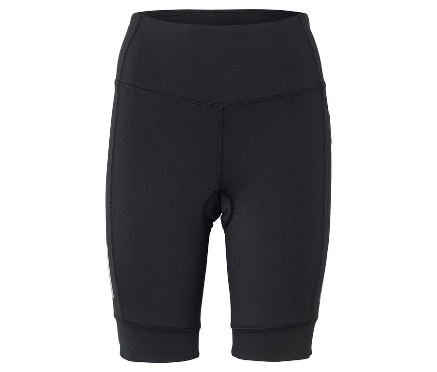 Shorts de cyclisme noirs arrivant au genou sur fond blanc.