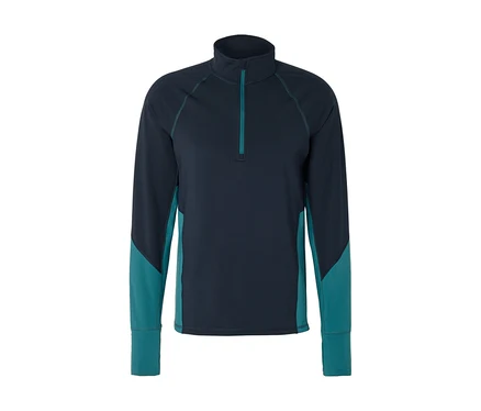 T-shirt à manches longues bleu foncé avec col montant et court zip turquoise, doté de panneaux turquoises sur les côtés et le bas des manches.