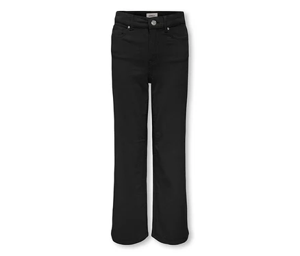 Pantalon en velours côtelé noir à jambes évasées, avec fermeture boutonnée et poches.