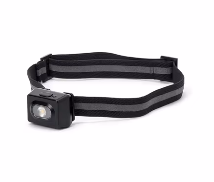Lampe frontale avec boîtier noir et sangle à rayures grises.