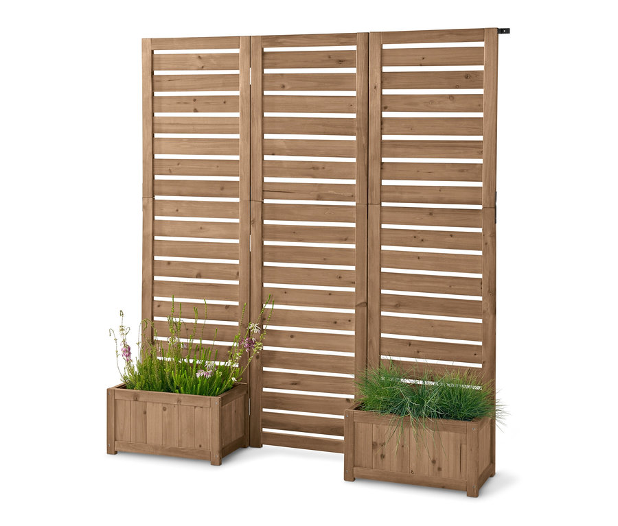 Paravent en bois « Tinus » avec des caisses à plantes et des plantes.