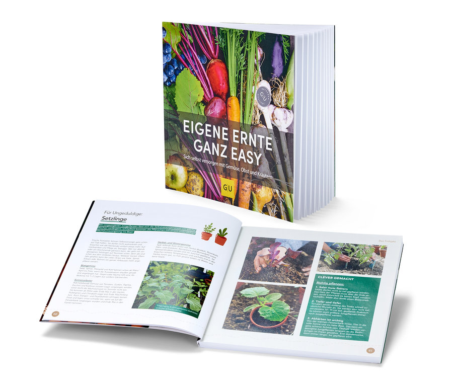 Deux livres sont posés l'un sur l'autre. Sur la couverture du livre du dessus, on voit des légumes et des fruits et le titre "Eigene Ernte ganz easy".